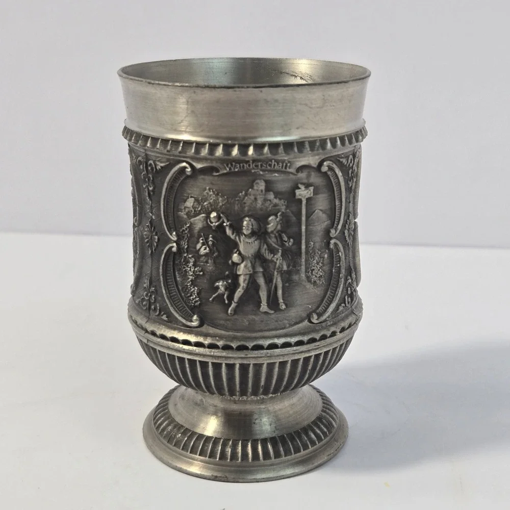 SKS Zinn 95% Pewter Cup Vintage German Relief Scenes Maienzeit Wanderschaft 4